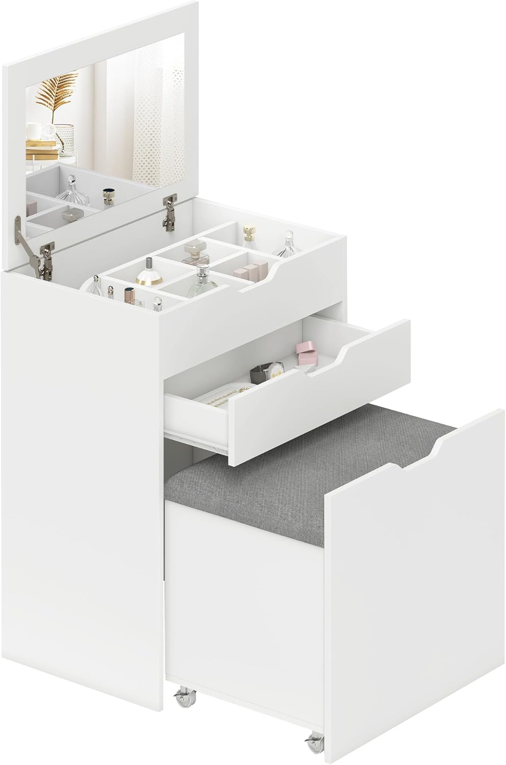 HOMCOM Dressing Table with Stool, Dressing Table Set, Cosmetic Table with Mirror and Drawers, Dressing Table with Tilt Protection, Dressing Table for Bedroom, White, 60 x 40 x 114 cm