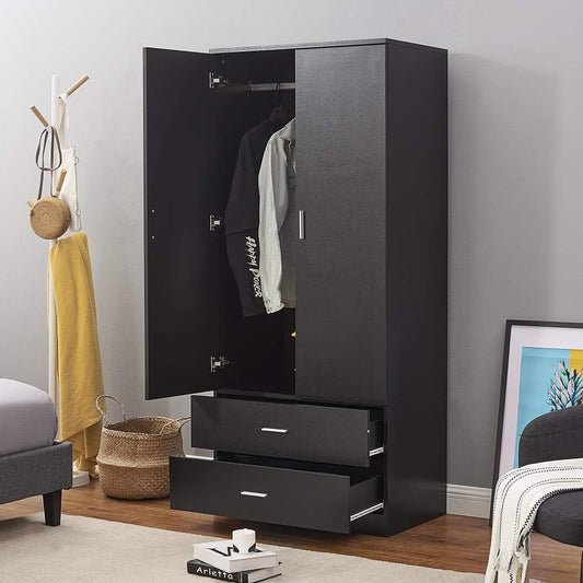 2 Door Combination Wardrobe Tall Big Wooden Wardrobe With 2 Big Drawers Bedroom Storage Units With Hanging Bar Clothes (Black)