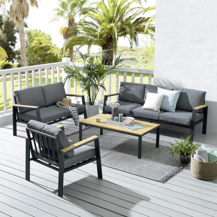 Modern Outdoor Patio Furniture Set, 4-Piece metal Frame with Grey Cushions, Coffee Table with Wood-Look Top