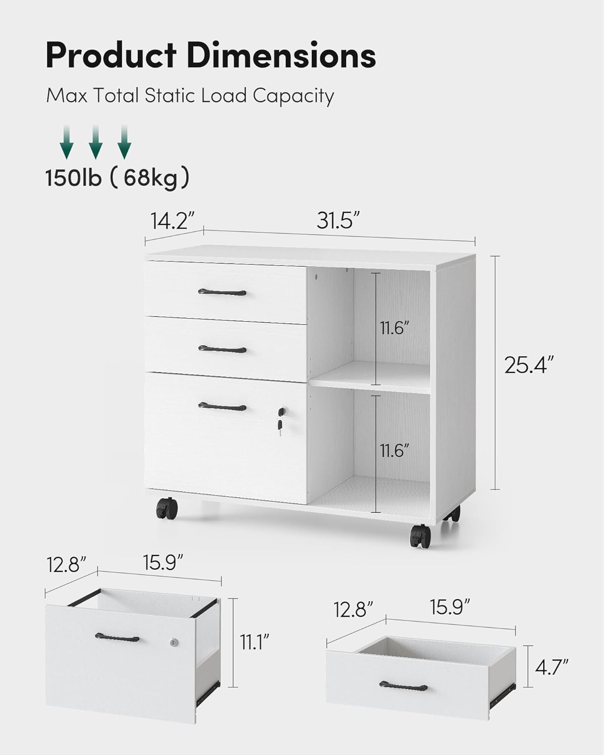 FurniFlex 3-Drawer Mobile File Cabinet with Lock, White