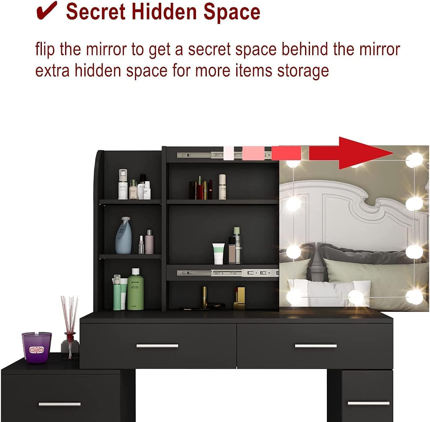FurniFlex Dressing Table Set/Makeup Table Set with LED Lights, Mirror, 5 Drawers, Black