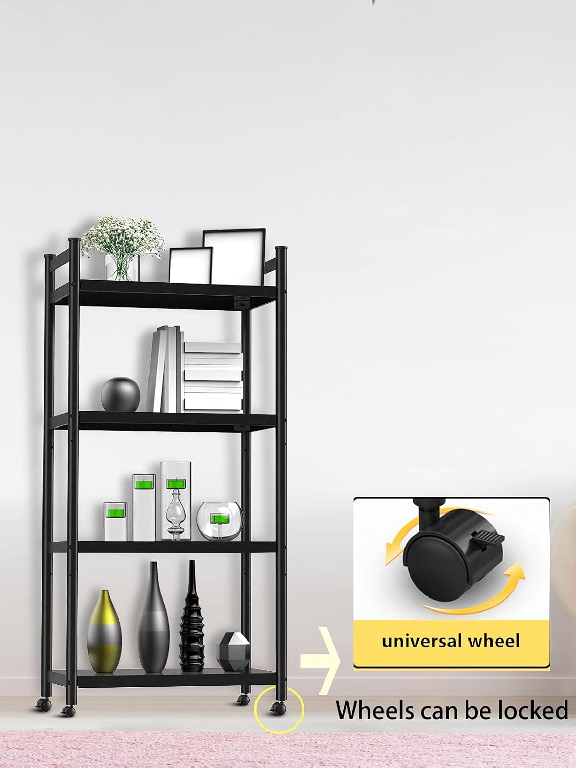 iBune 4-Tier Metal Steel Extra Heavy Duty Kitchen Storage Shelves with Rolling Wheels , Adjustable 400LBS Standing Organizer Shelf Rack for Kitchen/Livingroom/Bedroom (23.6 L x 14.6 W x 43.3 H)