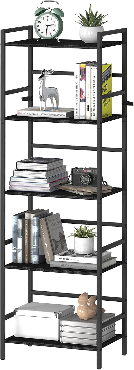 52.76in(H) Tall Bookshelf 5 Tier Bookcase Shelf Storage Organizer Industrial Freestanding Book Shelves Units Large Storage Tired Shelf for Small Space, Living Room, Kitchen, Bedroom, Modern Black