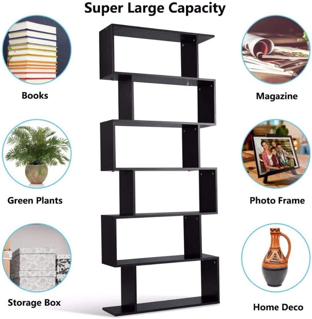 Panana Wooden Bookcase 6 Tier Shelves Bookshelf S Shape Storage Display Shelf Room Divider Unit Chest Cupboard Cabinet Free Standing Shelving Storage Organizer Unit for Living Room, Black