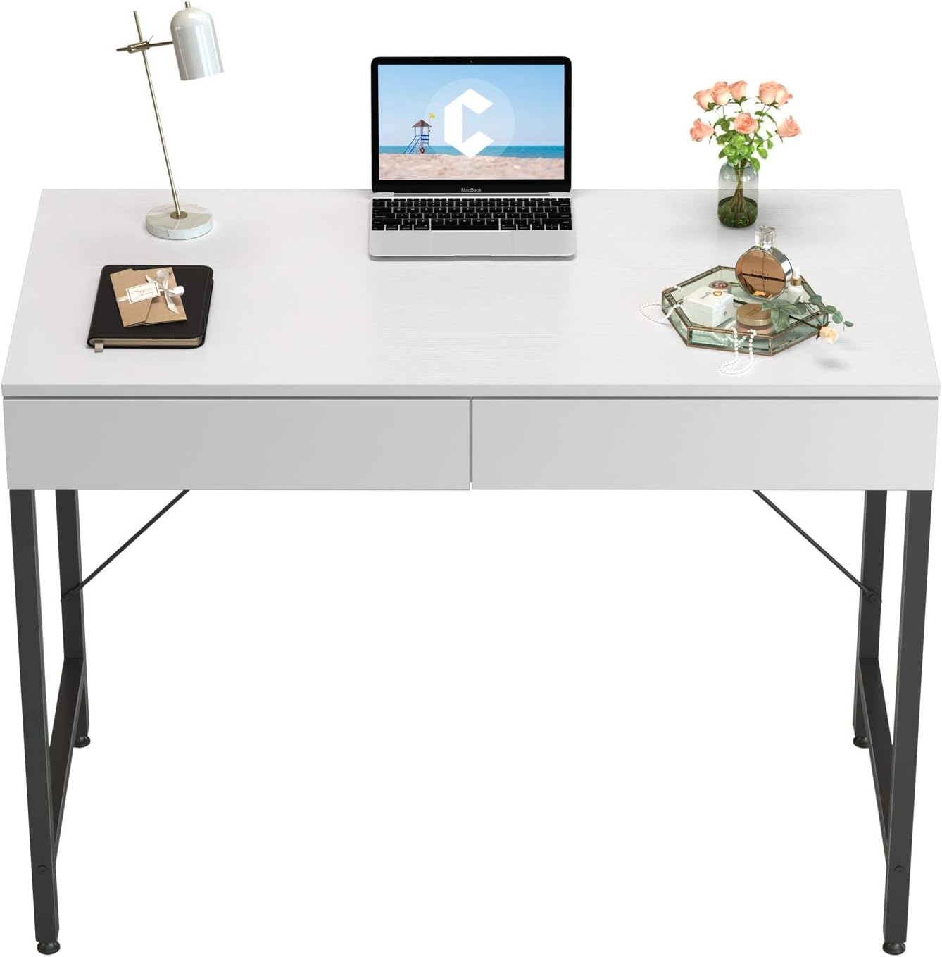 CubiCubi Computer Small Desk, 40 inches with 2 Storage Drawers for Home Office Writing Desk, Makeup Vanity Console Table, White