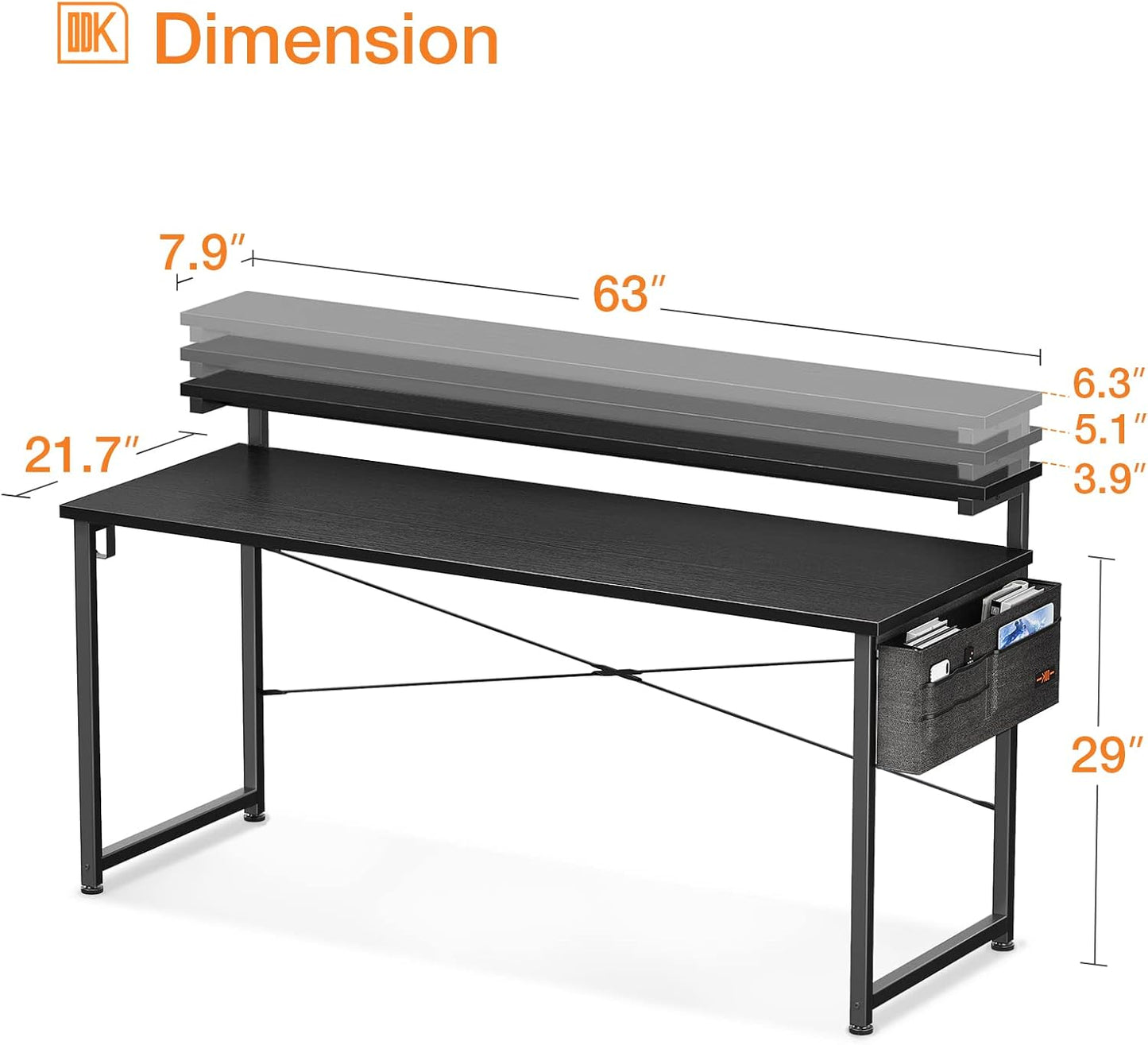 ODK Computer Desk with Adjustable Monitor Shelves, 63 inch Home Office Desk with Monitor Stand, Writing Desk, Study Workstation with 3 Heights (10cm, 13cm, 16cm), Black