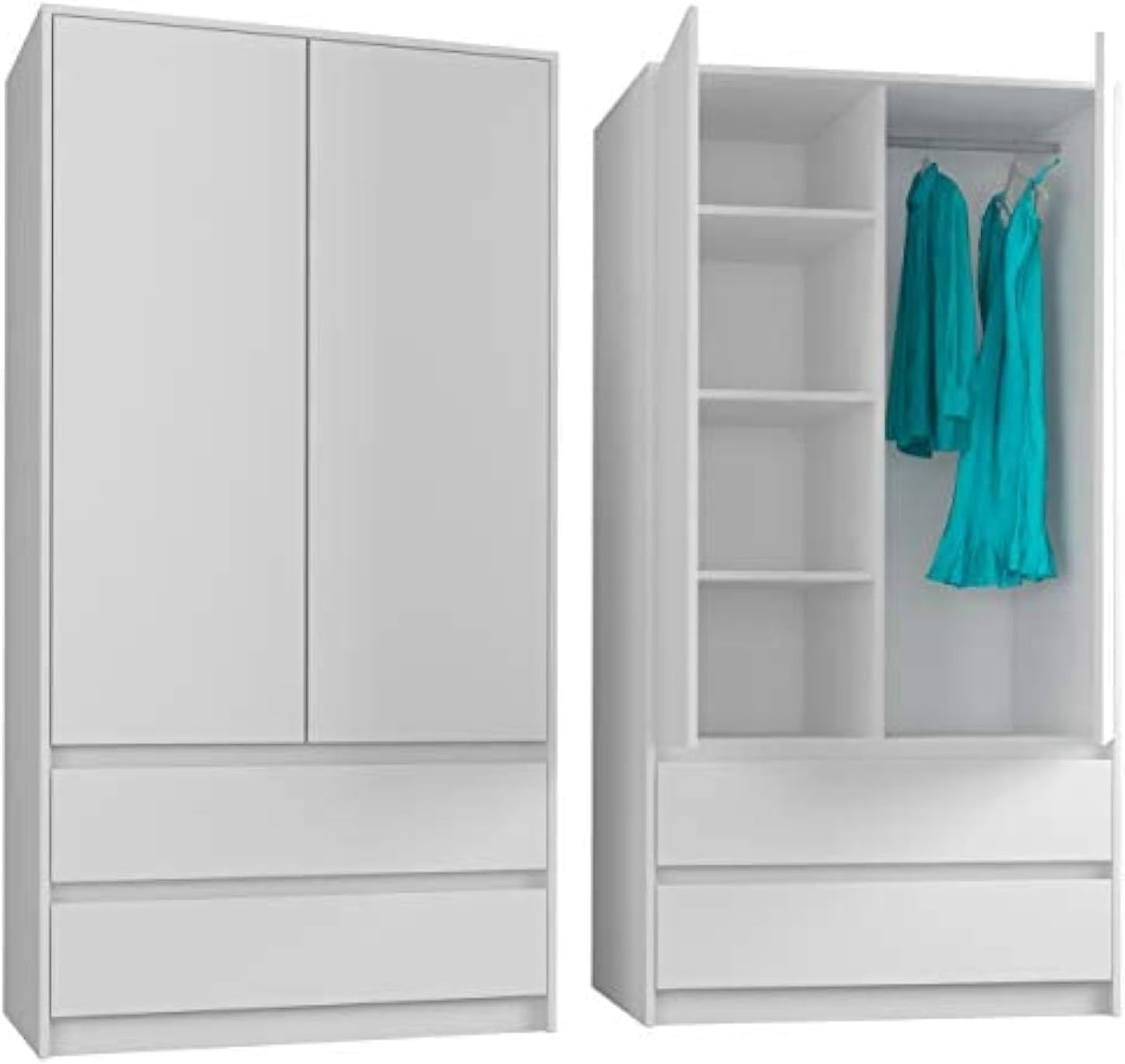 FRAMIRE B-9TIP Wardrobe in White, 2 Door Wardrobe, 2 Drawers, Wardrobe for Bedroom, Living Room, Hallway, 180 x 90 x 51 cm