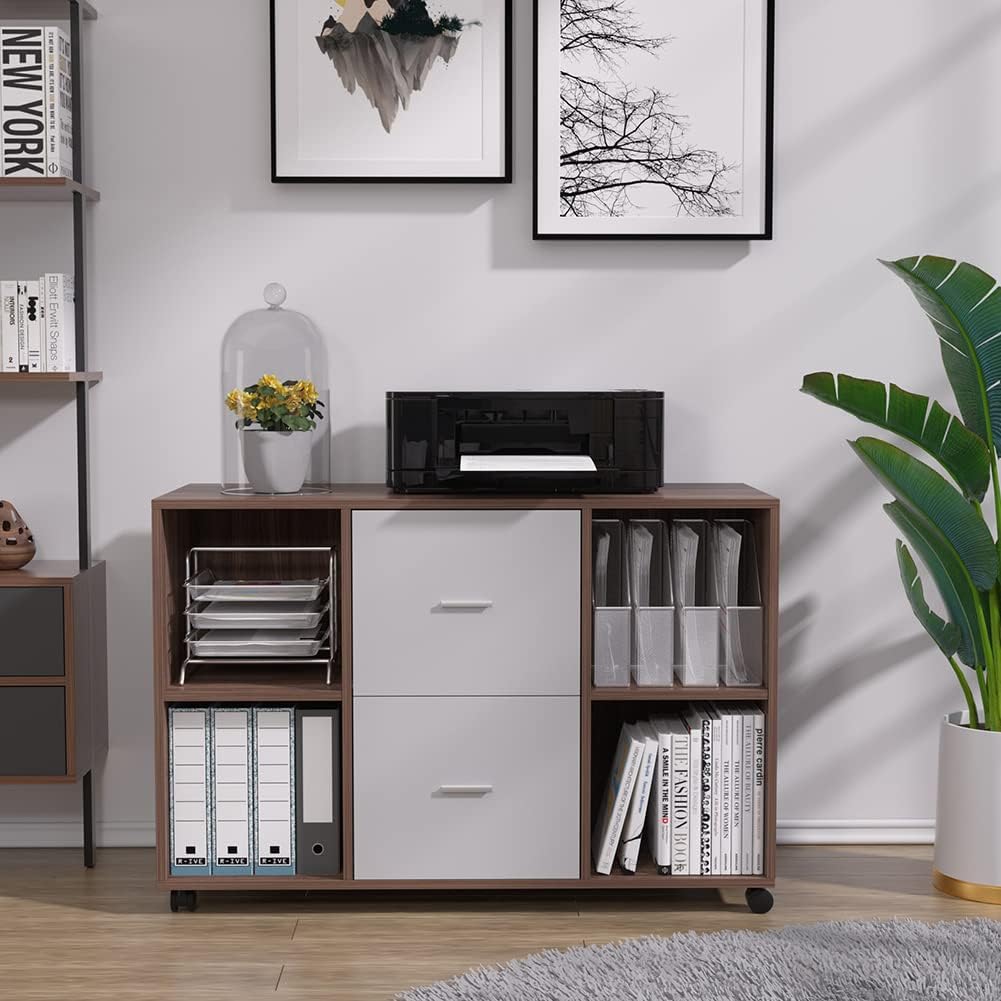 Williamspace File Cabinet for Home Office Filling Cabinets with 2 Drawer & 4 Shelves, Large Mobile Printer Stand with Storage Cabinet on Wheels (Walnut + Grey)