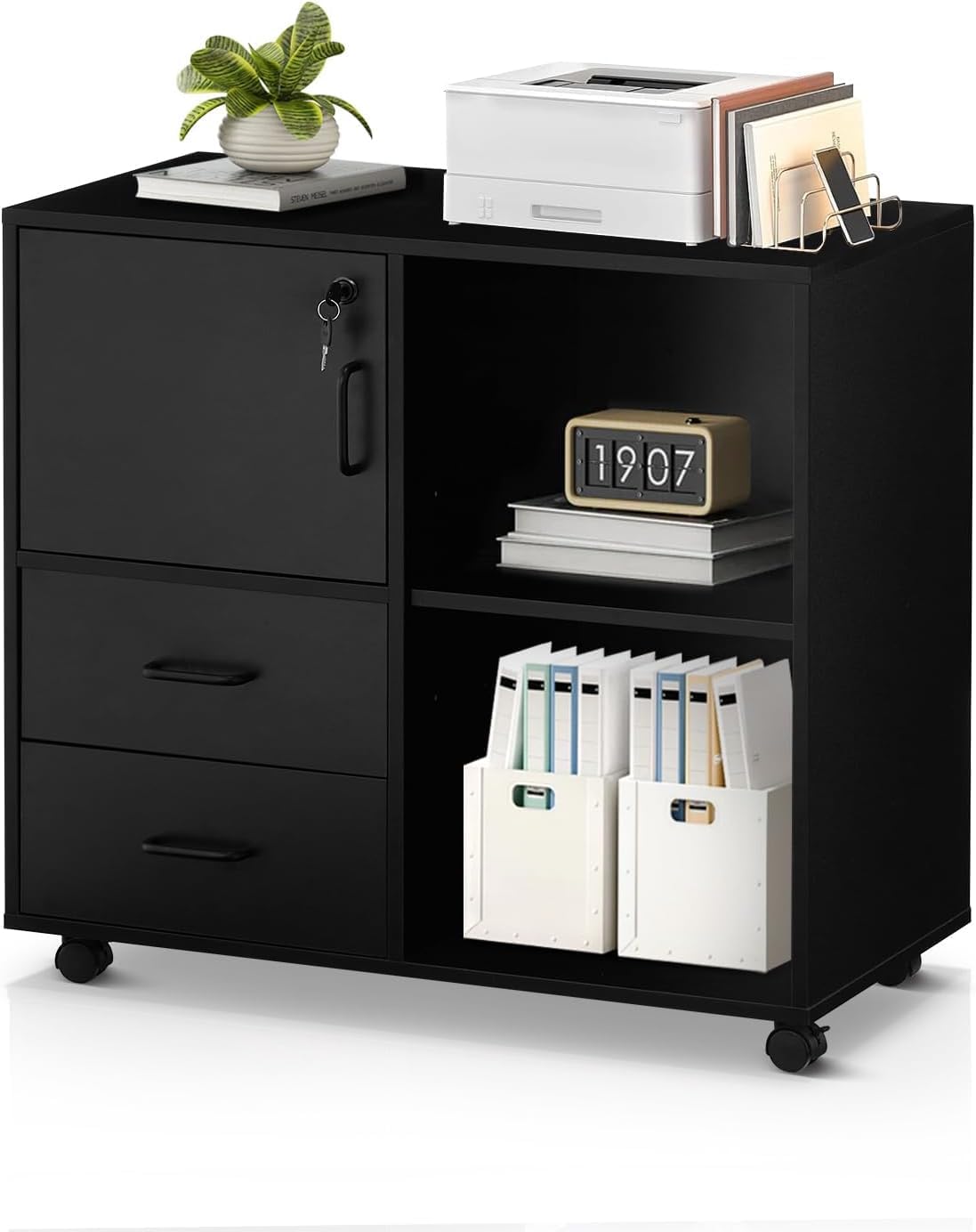 CLIPOP Rolling Container Lockable with Drawer and Closed Storage, Mobile Filing Cabinet Wood Under Desk Cabinet, 40 x 40 x 54.5 cm, Black
