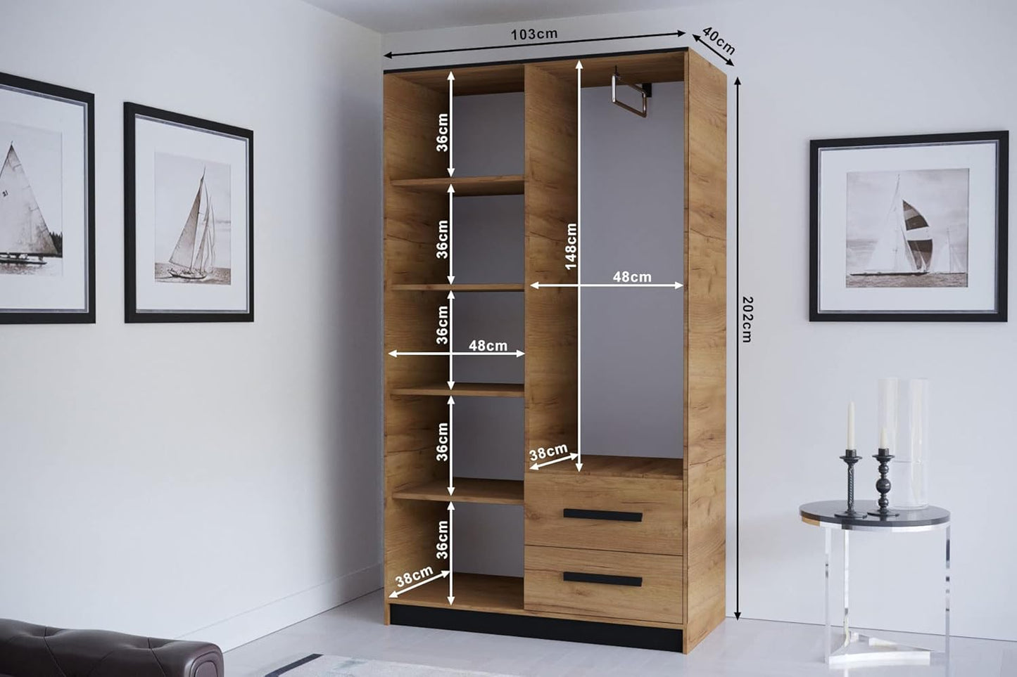 MEBLE KRYSPOL Malta 103 Hinged Door Wardrobe with 2 Doors, 2 Drawers, Modern Design (M1 Matte White + Black)