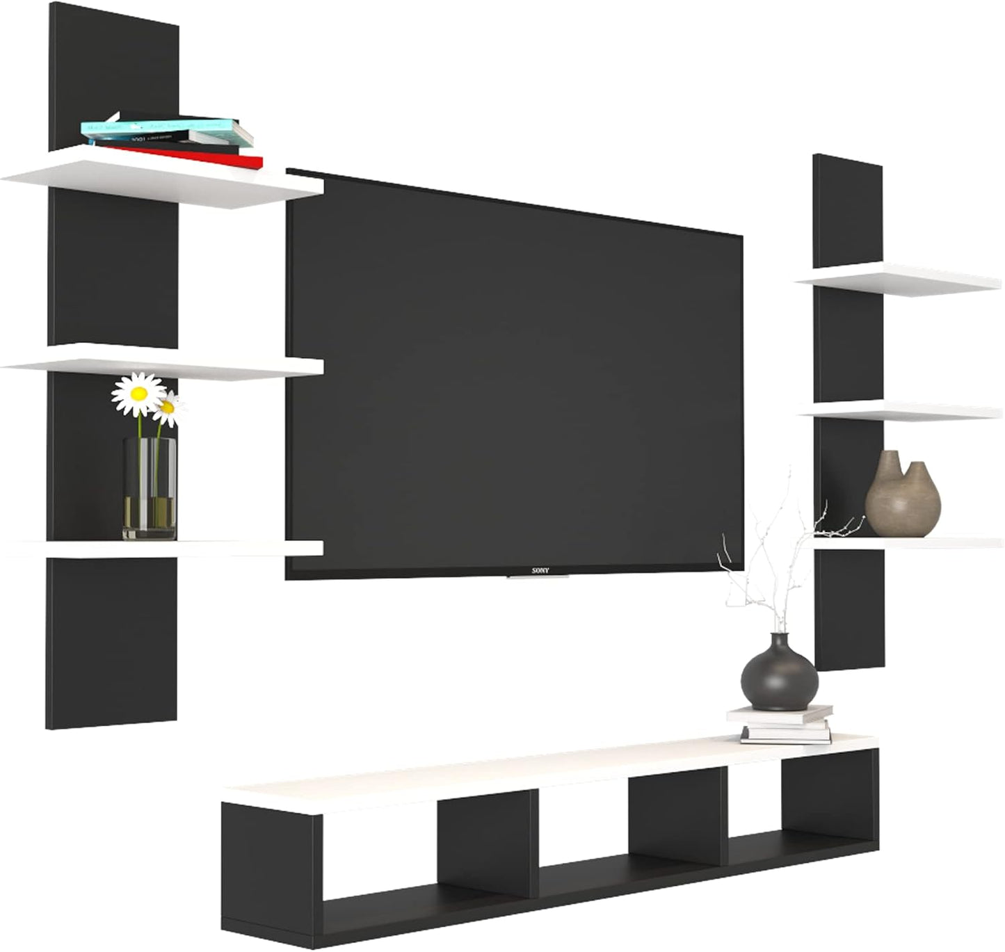Furinno MDF Wood Wall Mounted TV Entertainment Unit Set Top Box Stand for Living Room Bedroom Hall Home Office Hotel Multipurpose Storage Display Rack Wall Shelf Wooden Furniture (White & Black)