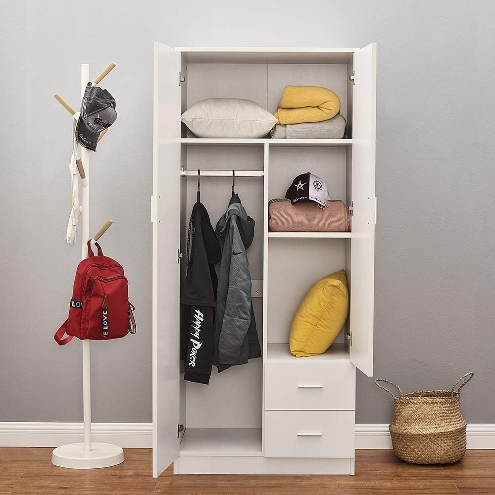 Panana Tall Wooden 2 Door Wardrobe With 2 Drawers Bedroom Storage Units With Hanging Bar Clothes (White1)