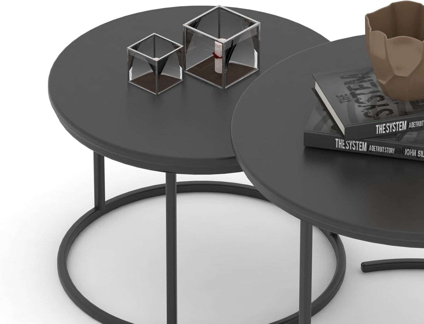 RIGID Nesting Tables Set of 2 Wood Coffee Table Round, Farmhouse End Tables for Living Room, Small Couch Tea Table, Industrial Stacking Side Tables with Sturdy Steel Metal Frame