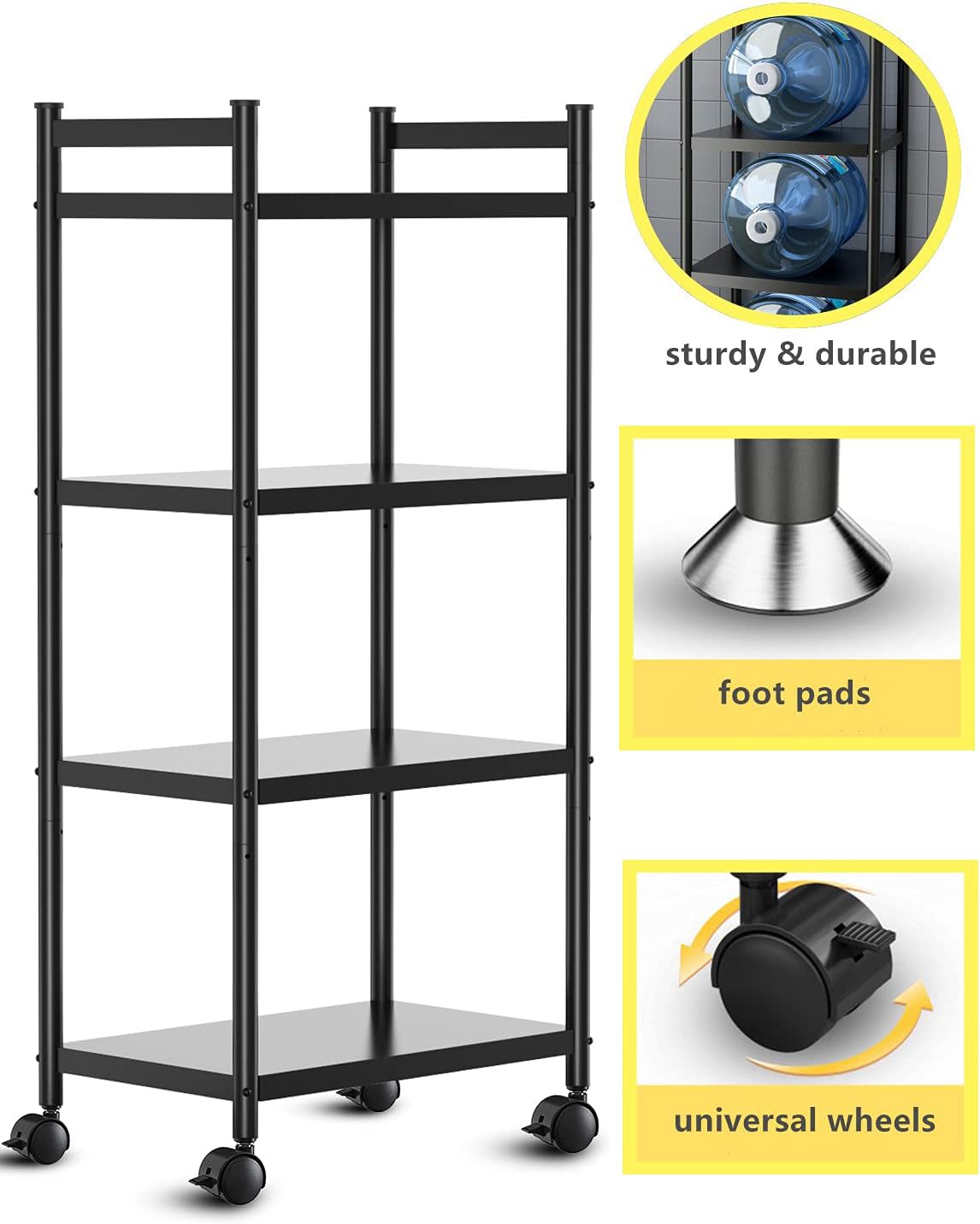 iBune 4-Tier Metal Steel Extra Heavy Duty Kitchen Storage Shelves with Rolling Wheels , Adjustable 400LBS Standing Organizer Shelf Rack for Kitchen/Livingroom/Bedroom (23.6 L x 14.6 W x 43.3 H)