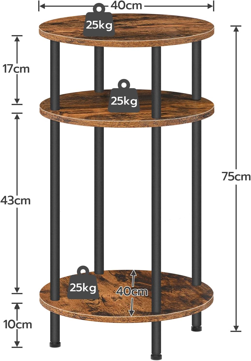 HOOBRO Tall Sofa Side Table, Small Round Coffee Table with Storage, Industrial Telephone Table for Small Space, Bedside Table, for Living Room, Bedroom, Summerhouse, Rustic Brown and Black EBF30DH01