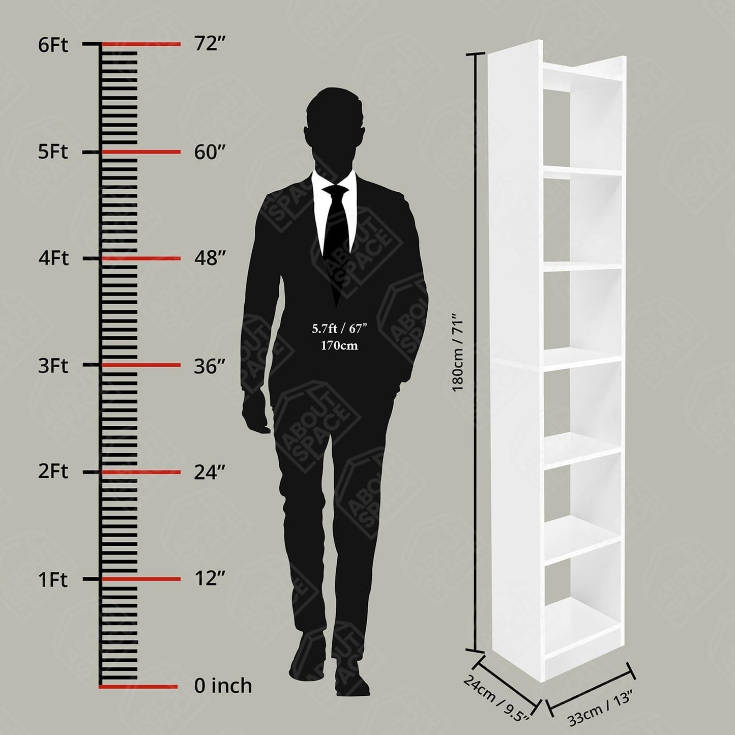 About Space Bookshelf Cube Stand 6 Tier Home Library Office Vertical Multipurpose Wooden Storage Shelf for Bedroom Living Room L33 x W24 H 180cm White Manufactured Wood