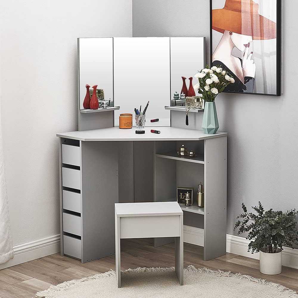 Panana Dressing Table MDF Corner Makeup Table with 3 Mirrors, 5 Drawers, 1 Compatiment and Bedroom Stool, 109 cm (L) x 55 cm (W) x 140 cm (H) (Grey)