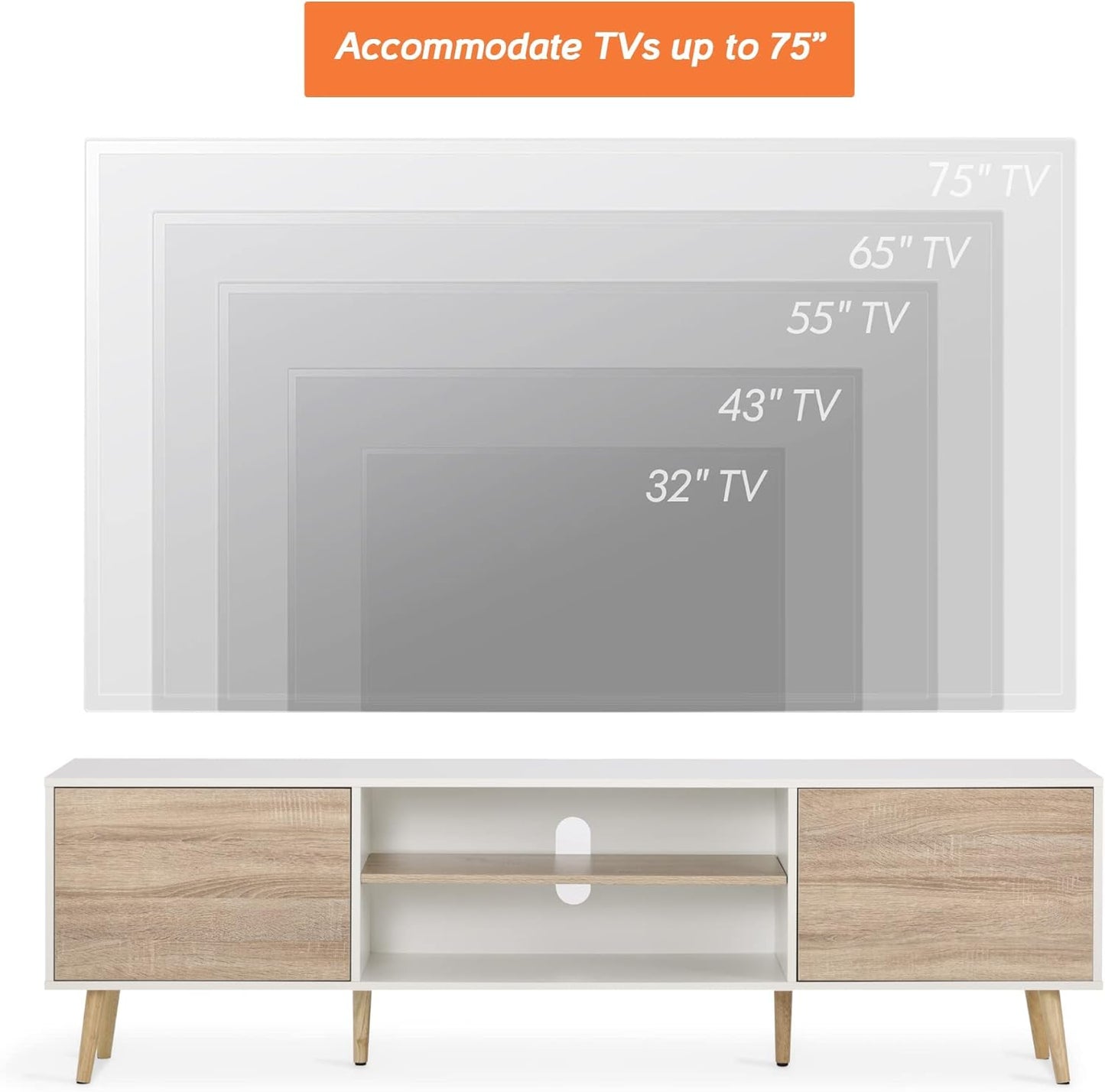 WAMPAT Mid-Century Modern TV Stand for TVs up to 75 inch Flat Screen Wood TV Console Media Cabinet with Storage Shelf, Home Entertainment Center with Doors in White&Oak for Living Room Bedroom, 70"
