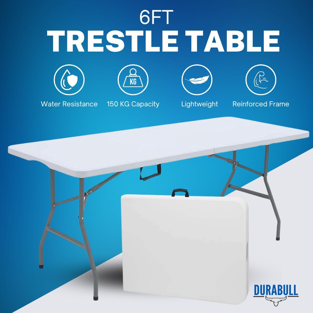 Durabull 6ft Plastic Folding Trestle Table - Heavy Duty -Indoor & Outdoor Solution for All Occasions - 150kg Capacity- Easy Setup, Folds in Half for Compact Storage, Portable with Carry Handle