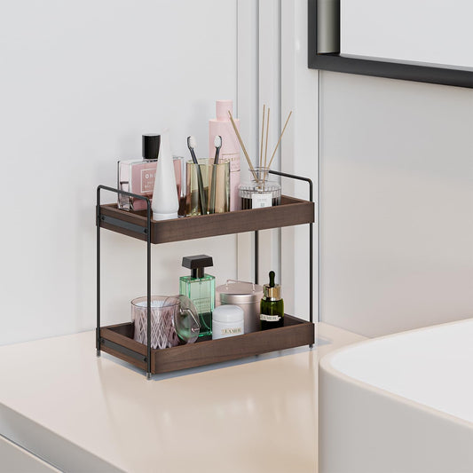 Standregal, Abnehmbar Badezimmer Arbeitsplatte mit 2 Etagen Moderne Unterschrankregal Praktischer Küchen Gewürzregal aus Holz für aufbewahrung Organizer Vanity Tray Kosmetik Make-up Lagerung