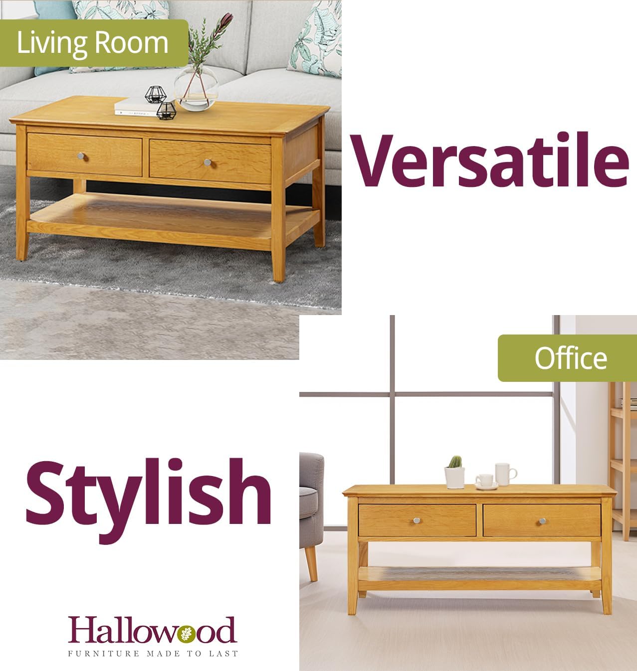 Hallowood Furniture Hereford Oak Large Coffee Table with Drawers & Shelf - Solid Wooden Side Table in Rectangular Shape for Living Room – Coffee Table with Storage in Light Oak Finish