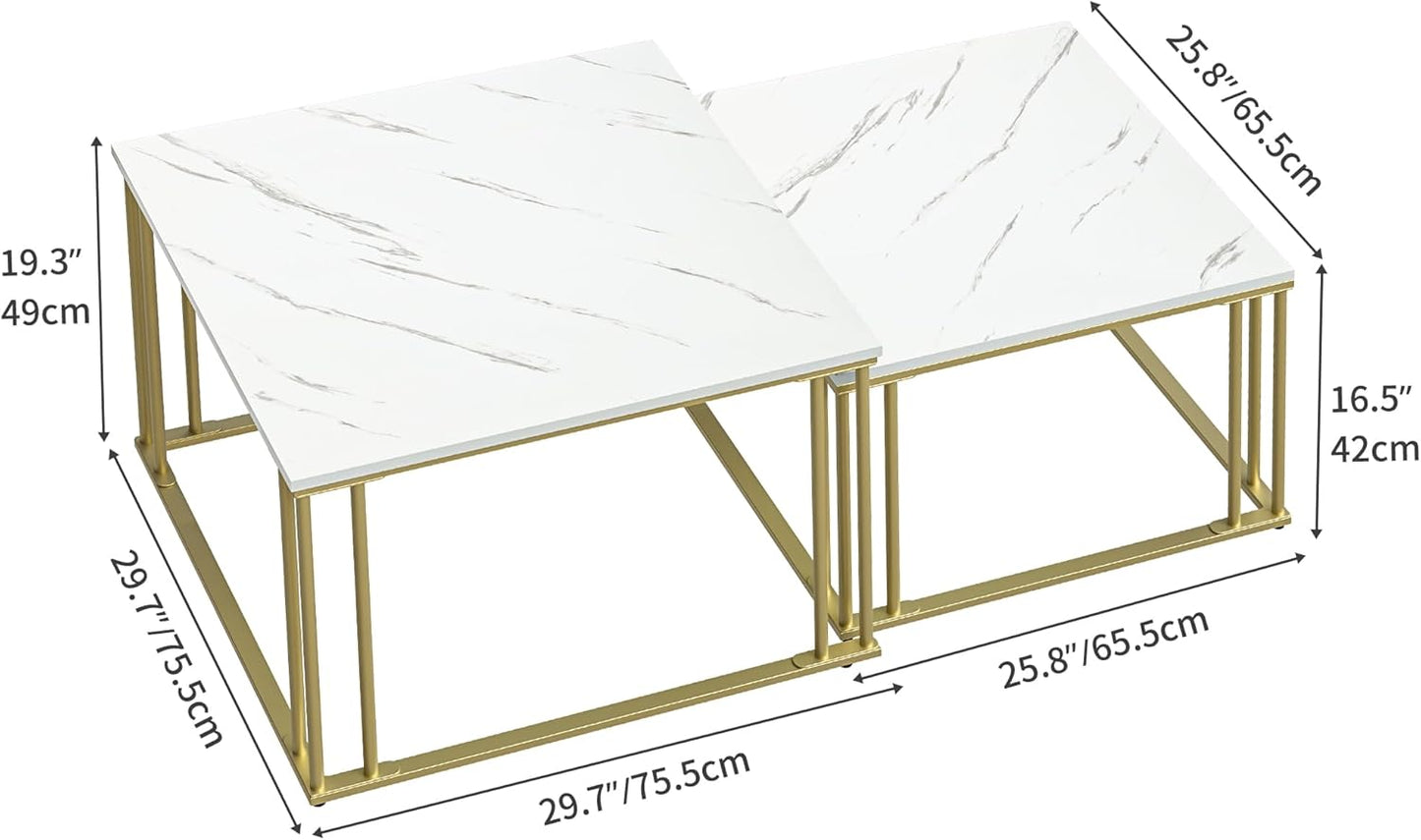 YITAHOME Modern Coffee Table Set of 2 for Living Room, White Grey Round Wooden Coffee Tables, Cocktail Tables, Side Table with Sturdy Gold Metal Frame