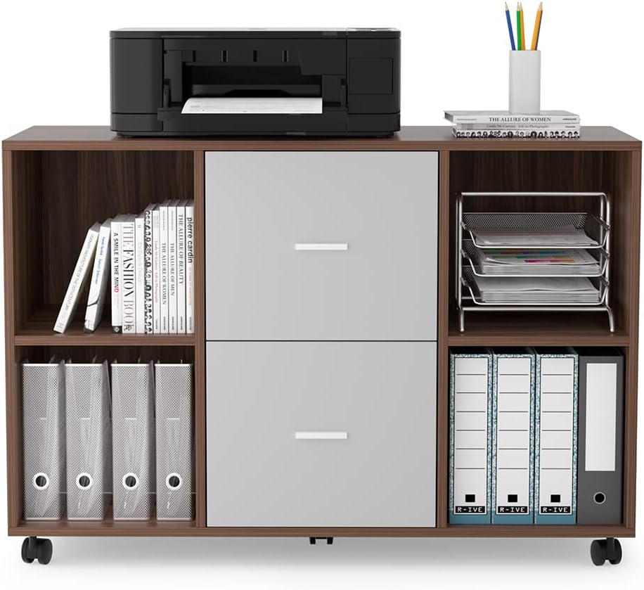 Williamspace File Cabinet for Home Office Filling Cabinets with 2 Drawer & 4 Shelves, Large Mobile Printer Stand with Storage Cabinet on Wheels (Walnut + Grey)