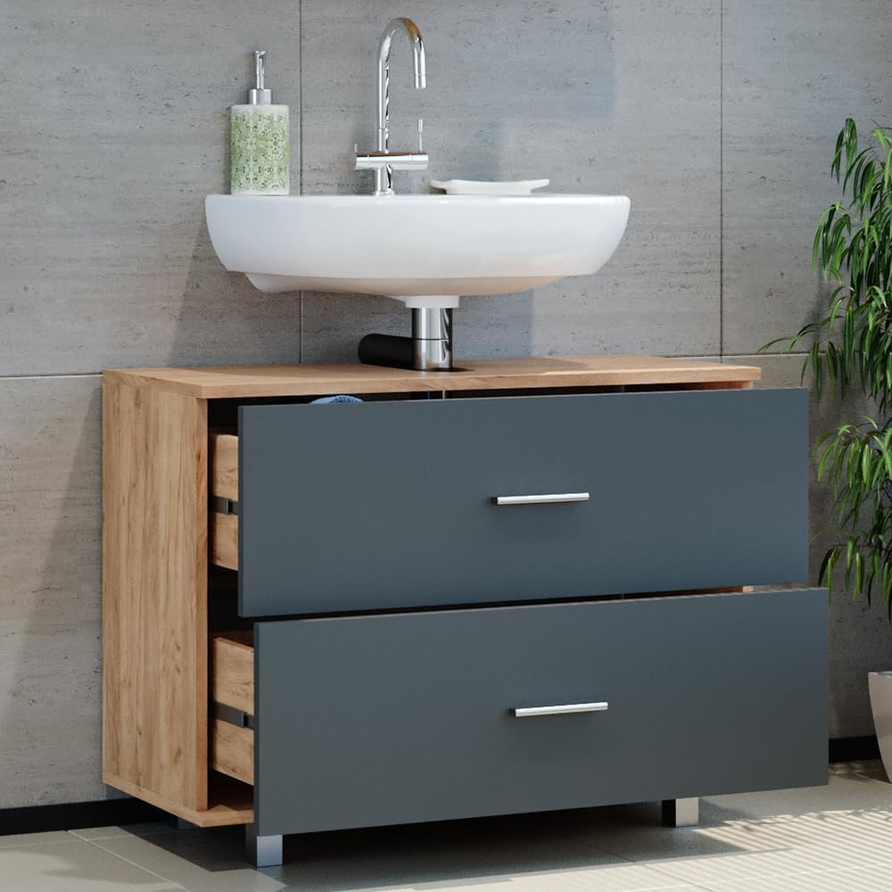 FurniFlex Ilias Vanity Unit Cabinet, 80 cm x 60.8 cm Size, Oak/Anthracite