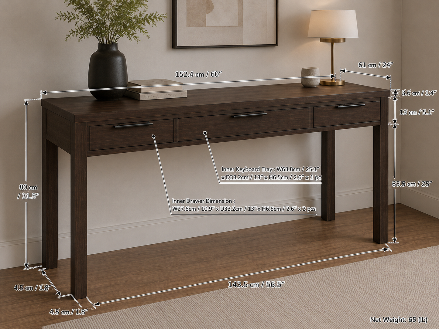 Hollander Solid Wooden Office Desk with 2 Drawers