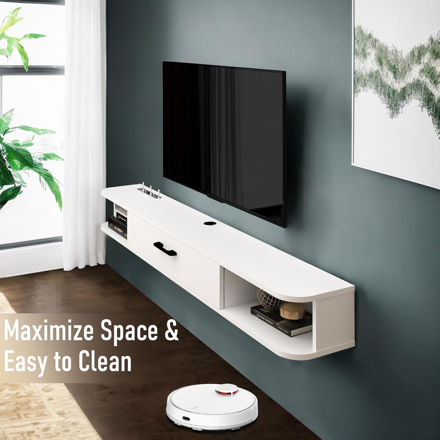 Bixiaomei Floating TV Unit, 47'' Wall Mounted TV Cabinet, Floating Shelves with Door, Modern Entertainment Media Console Center Large Storage TV Bench for Living Room & Office (47.24IN, White)