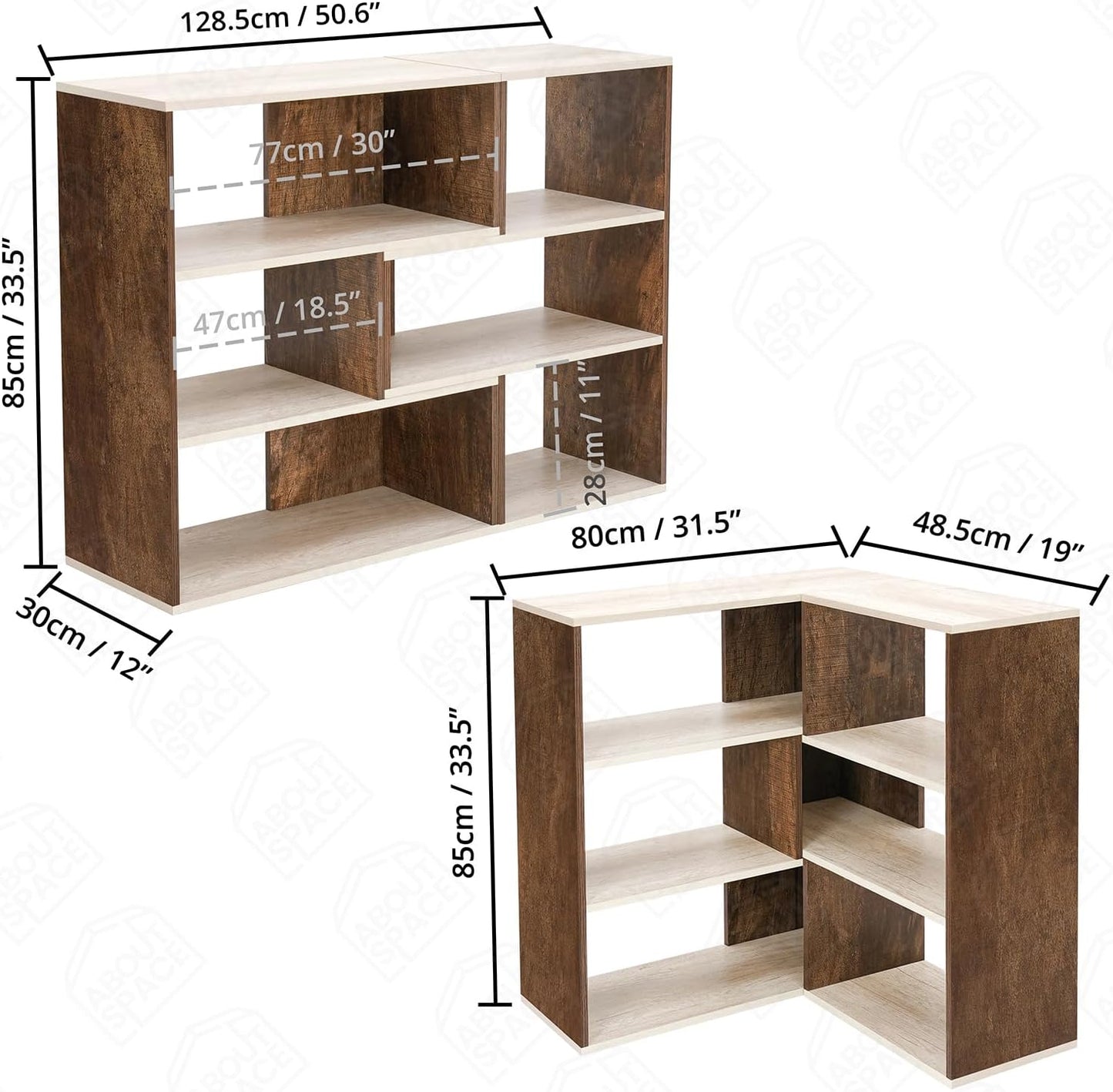ABOUT SPACE Book Shelf for Home Library-Rectangle/L-Shaped Rack for Storage 6 Compartment Book Stand Shelf for Bedroom, Livingroom Decor, Plants and Books (Oak White&Walnut-L128 x B30 x H85 cm)