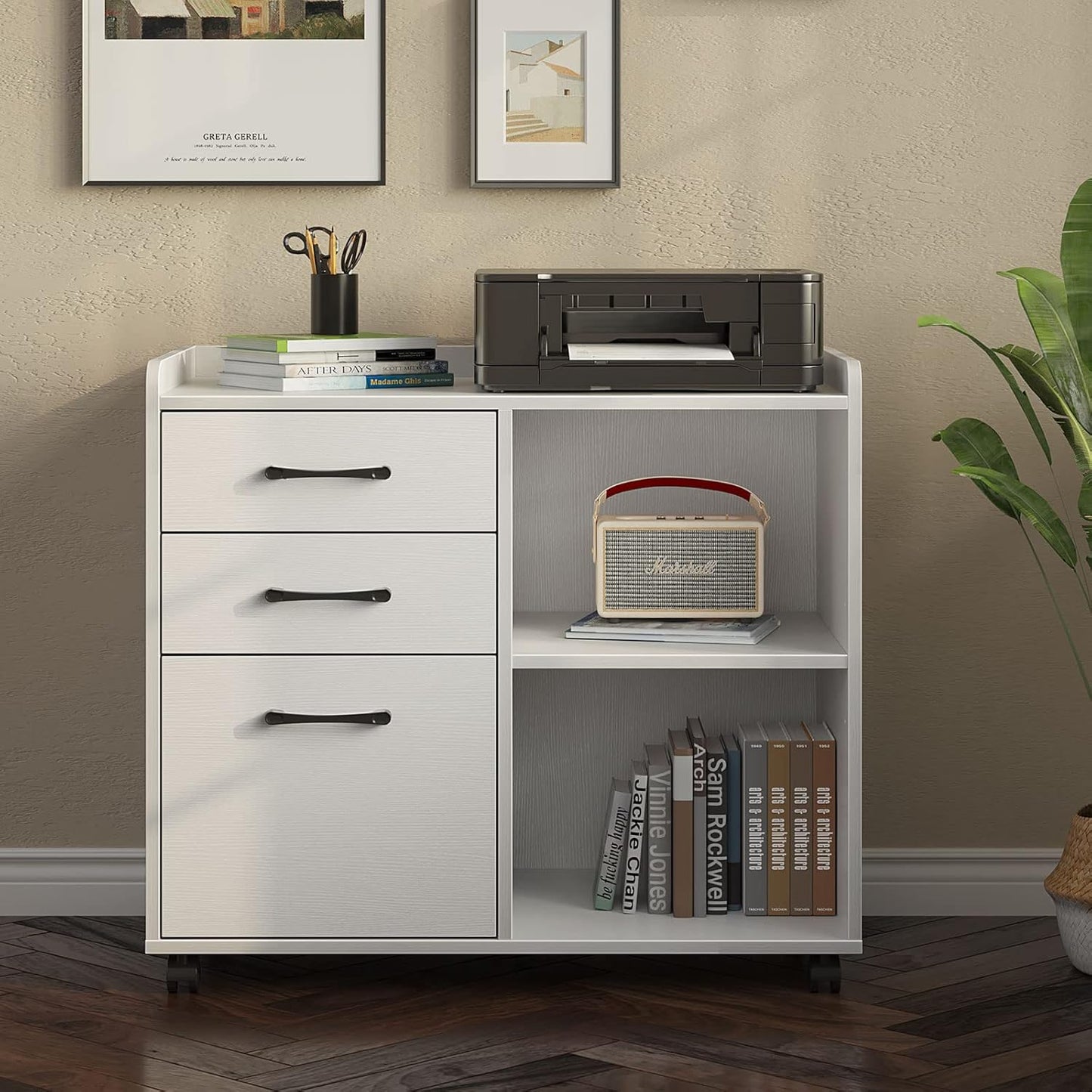 Rolanstar File Cabinet 3-Drawers, Mobile Lateral Printer Stand with Open Storage Shelf, Rolling Filing Cabinet with Wheels for A4/Letter Size,White