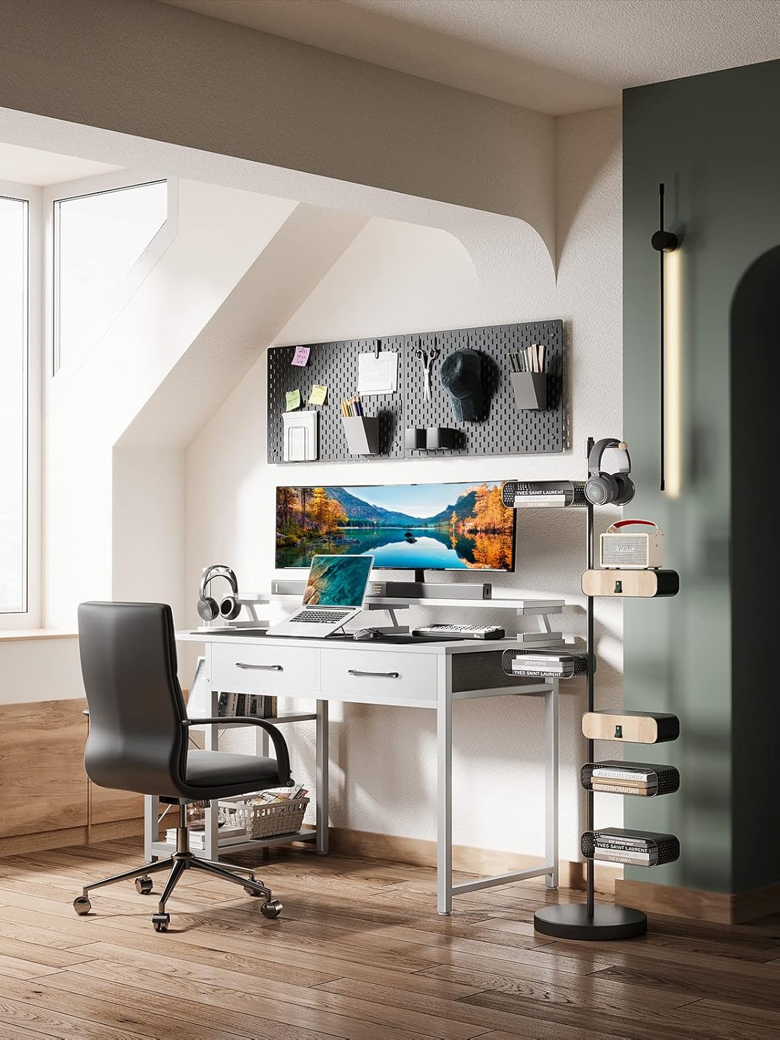 ODK Computer Desk 40" Table: Office Desk with Drawers & Wood Storage Shelves, Home Work Writing Desk & Large Space Monitor Stand, White