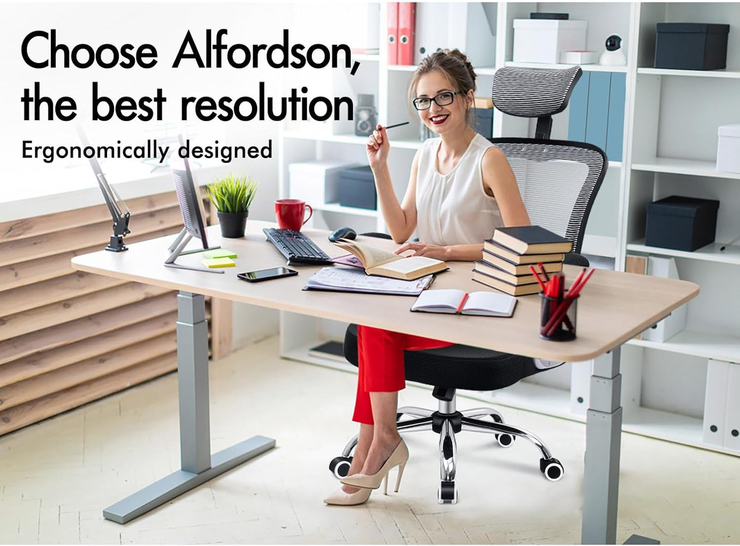 ALFORDSON Ergonomic Office Chair, Desk Chair with Adjustable Headrest, Armrests, Swivel Chair with Rocker Function, Higher Backrest, 180 kg Load Capacity, Black