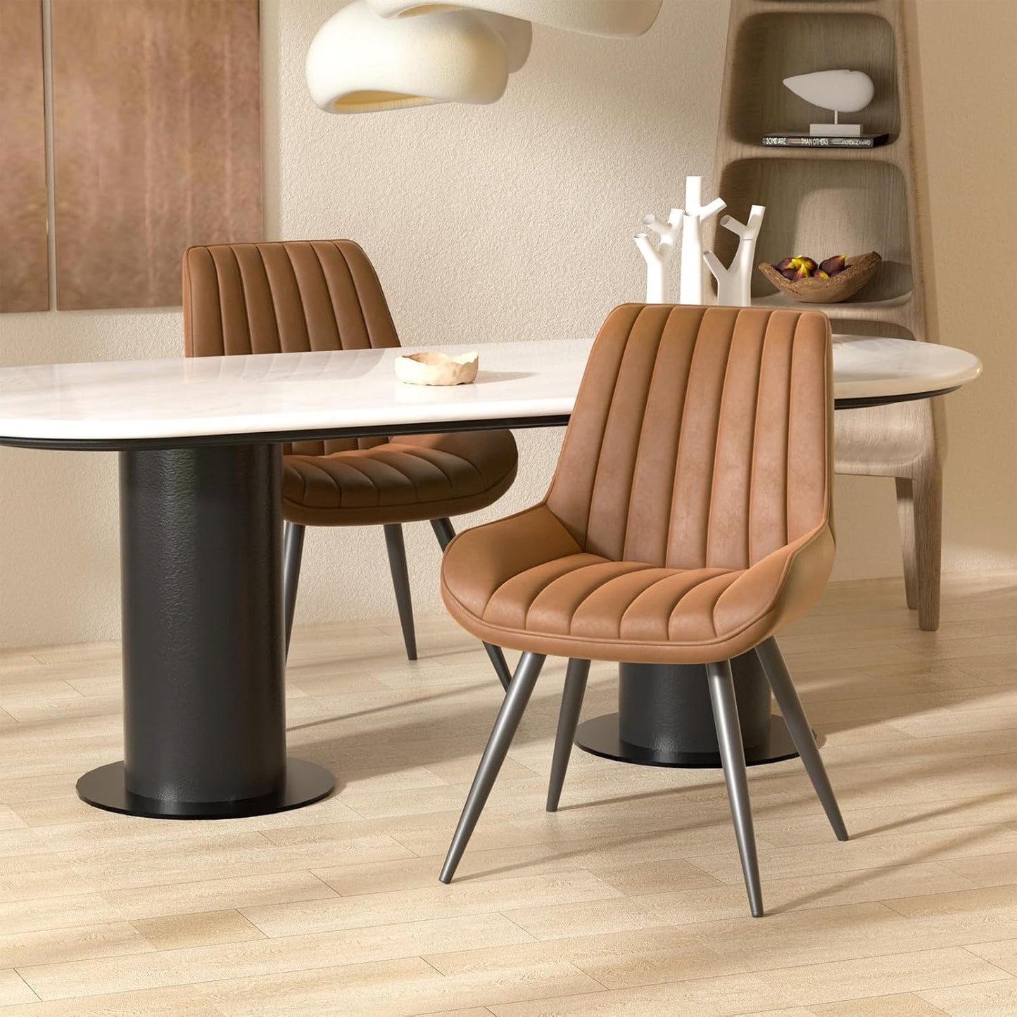 Nalupatio Modern Dining Chairs Set of 6, Comfy Dining Room Chairs with Thick Cushions, Upholstered Fabric Kitchen Side Chairs with Metal Legs, Brown