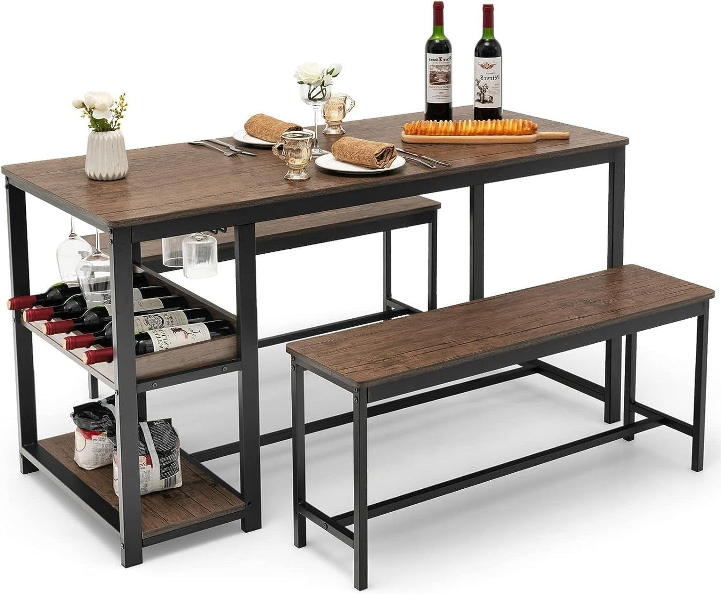 TANGZON Dining Table and 2 Bench Set, 3 Pieces Kitchen Dining Table Set with Wine Rack, Glass Holder & Storage Shelf, Space-Saving Breakfast Dining Furniture for Home Living Room Restaurant (Wooden)