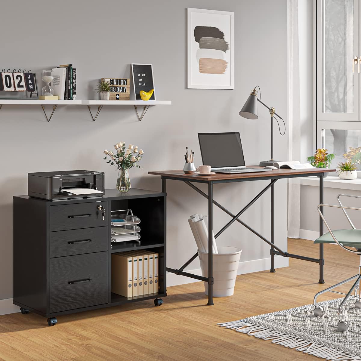 Panana-3 Drawer Office File Cabinets, Mobile Lateral Printer Stand with Open Storage Shelf, Rolling Filing Cabinet with Wheels Home Office Organization and Storage (Black)