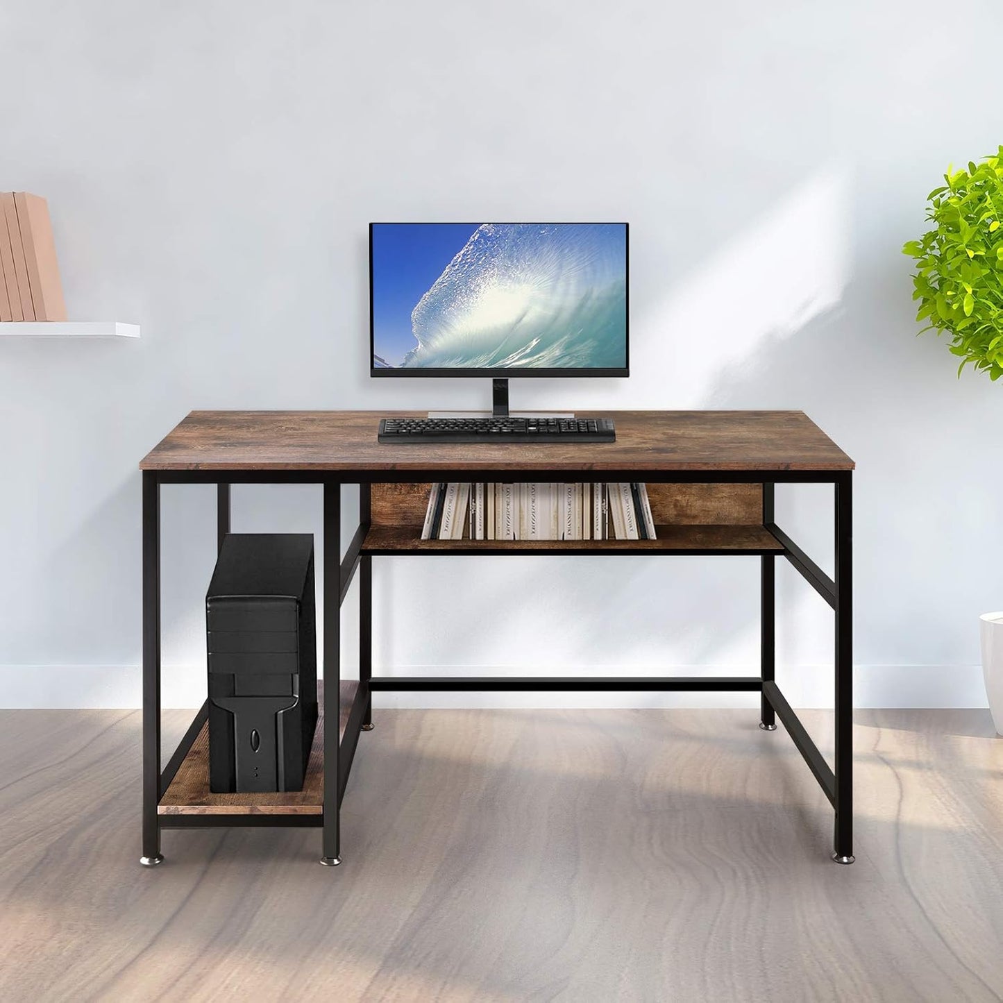 AUTOXEL Computer Desk, 47 inch Home Office Gaming Desk Study Writing Workstation Wooden Board Metal Frame Laptop Table with Storage Shelf