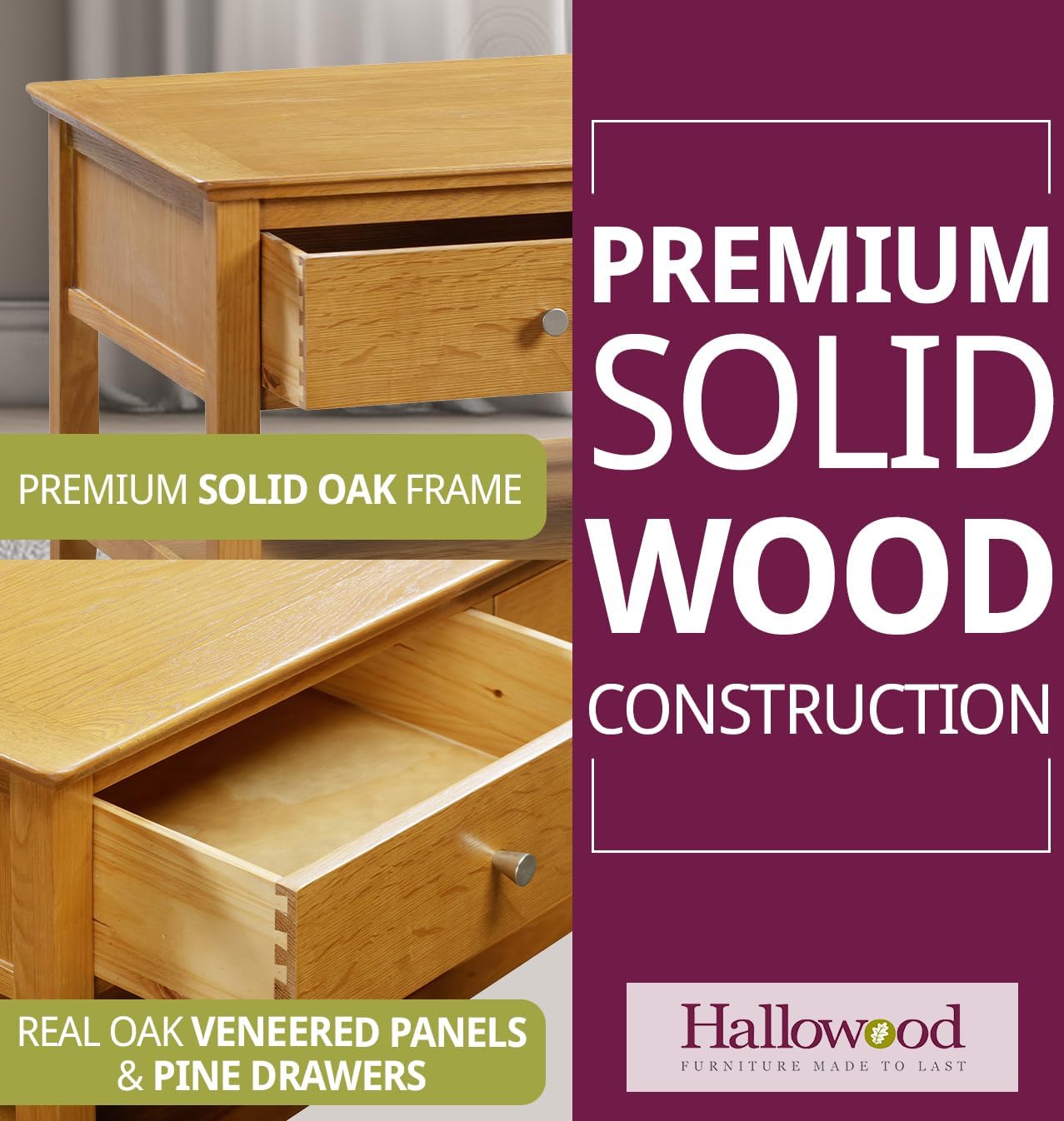 Hallowood Furniture Hereford Oak Large Coffee Table with Drawers & Shelf - Solid Wooden Side Table in Rectangular Shape for Living Room – Coffee Table with Storage in Light Oak Finish