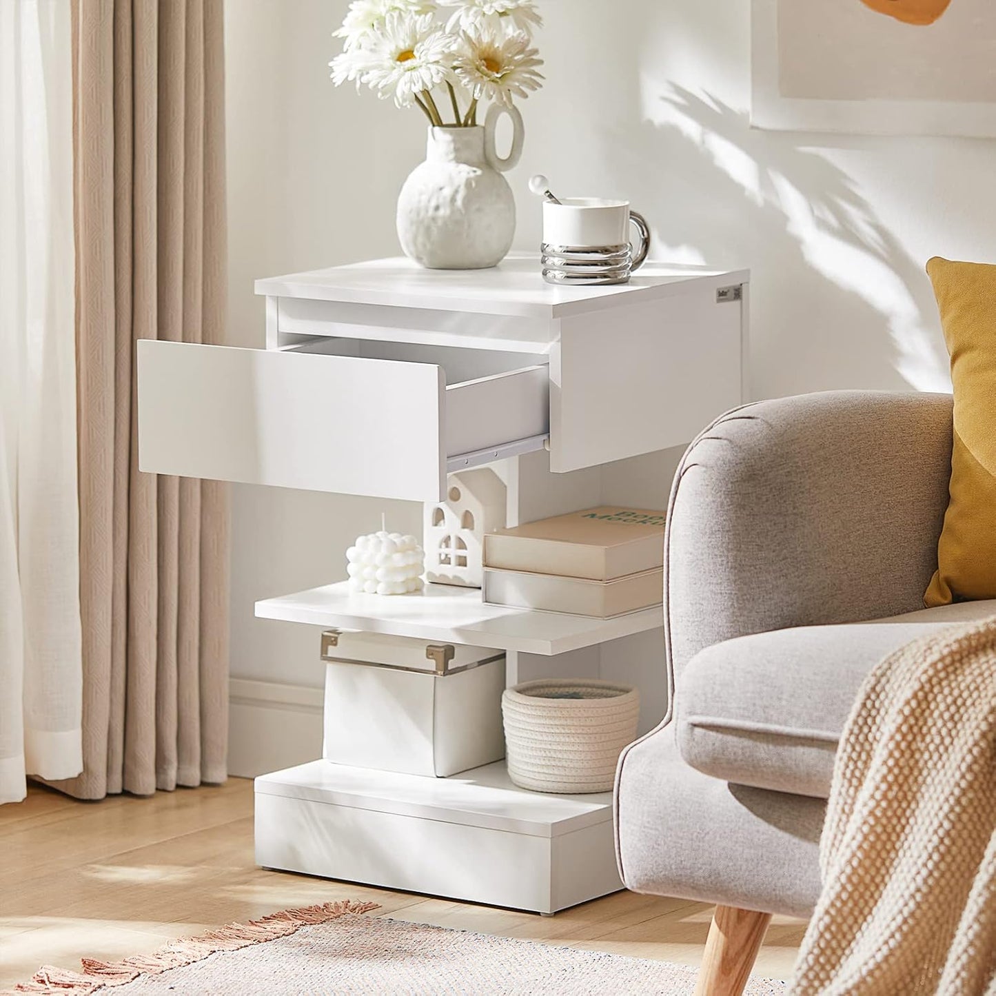 SoBuy FBT49-W Side Table Bedside Table with 1 Drawer and 3 Shelves White W x H x H x D: 39 x 65 x 39 cm
