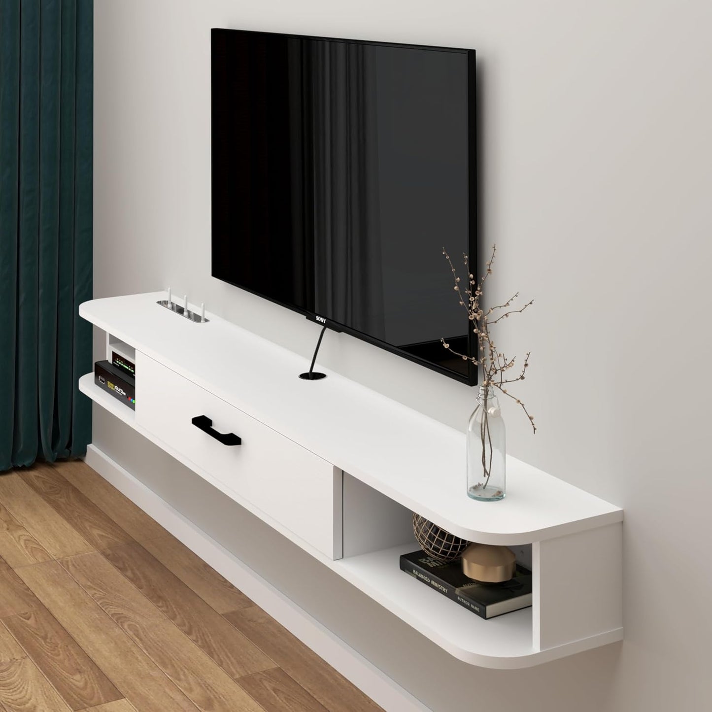Bixiaomei Floating TV Unit, 47'' Wall Mounted TV Cabinet, Floating Shelves with Door, Modern Entertainment Media Console Center Large Storage TV Bench for Living Room & Office (47.24IN, White)