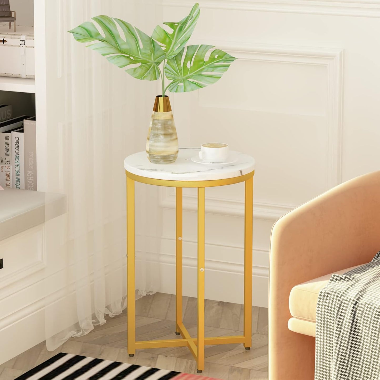 AWQM Round Side Table Set of 2, Modern Nightstand Faux Marble Accent Coffee Table for Living Room, Bedroom, Home & Office (White & Gold)