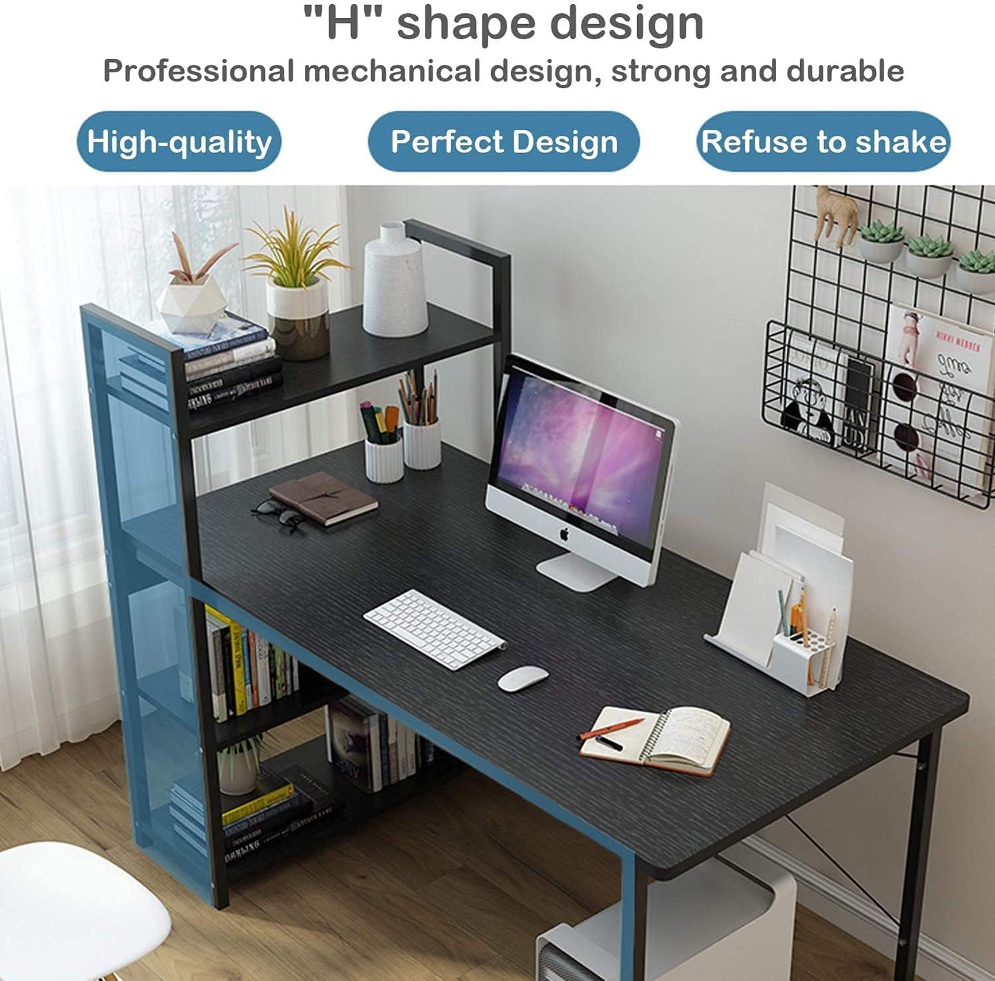 YJGET Computer Desk 100 * 55cm with Storage Shelves Study Writing Table for Home Office, Modern Simple Style