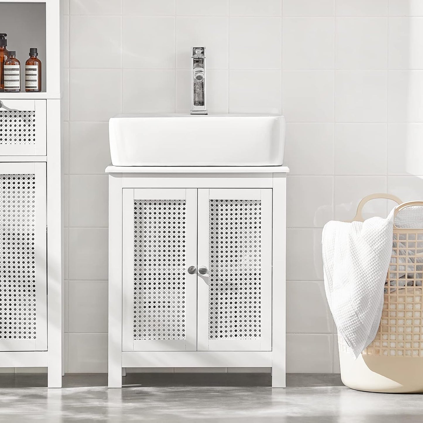 SoBuy BZR35-W Vanity Unit with Grid Look Doors, Bathroom Cabinet, White W x H x D: 50 x 60 x 33 cm