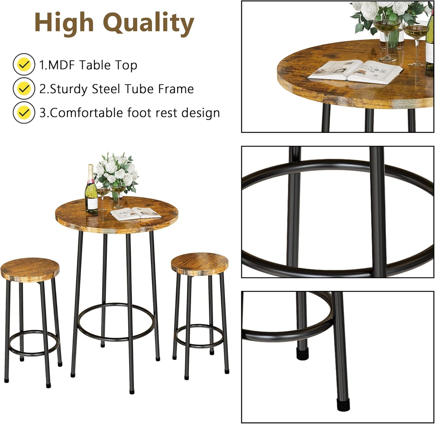 AWQM 3 Piece Bar Table Set, Small Round Pub Table Set for 2, Counter Height 3 Piece Dining Set for Breakfast Nook, Bistro, Dining Room, Kitchen - Rustic Brown