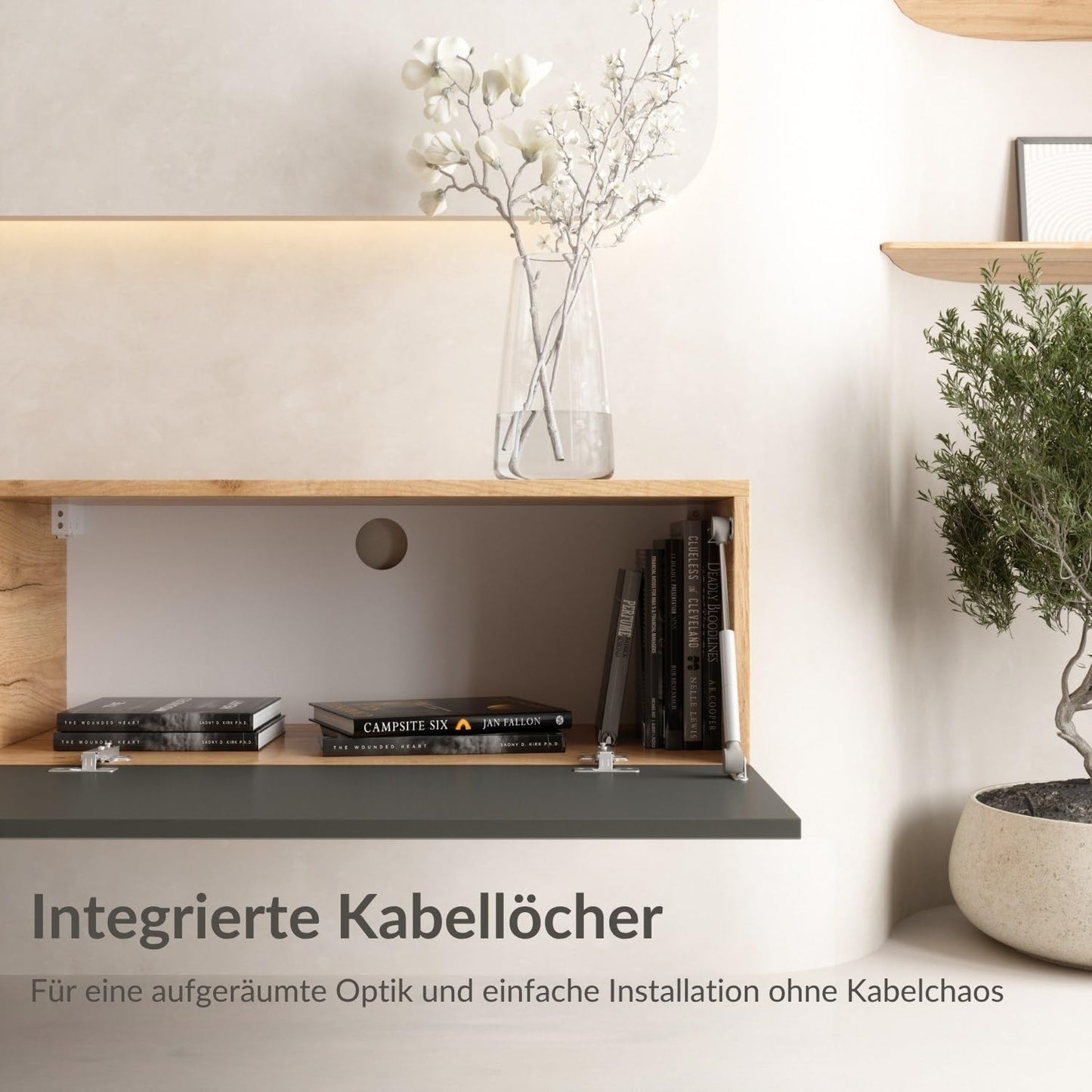 Planetmöbel TV Board 160 cm Gold Oak/Anthracite, TV Cabinet with 2 Flaps as Storage Space, Lowboard Hanging or Standing Sideboard Living Room