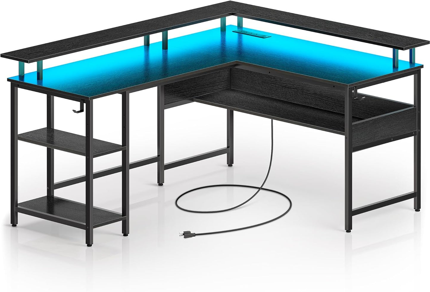 Rolanstar Computer Desk L Shaped 59'' with LED Lights and Power Outlets, Reversible L Shaped Gaming Desk with Monitor Stand, Home Office Desk with Storage, Desk with USB Port and Hook, Black