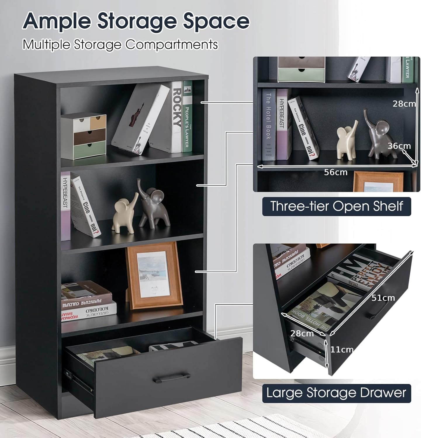 COSTWAY Wooden Bookcase, Freestanding Storage Bookshelf Cabinet with 3-Tier Open Shelves & Drawer, Display Rack Shelving Unit Cupboard for Living Room, Bedroom, Hallway and Office (Black)