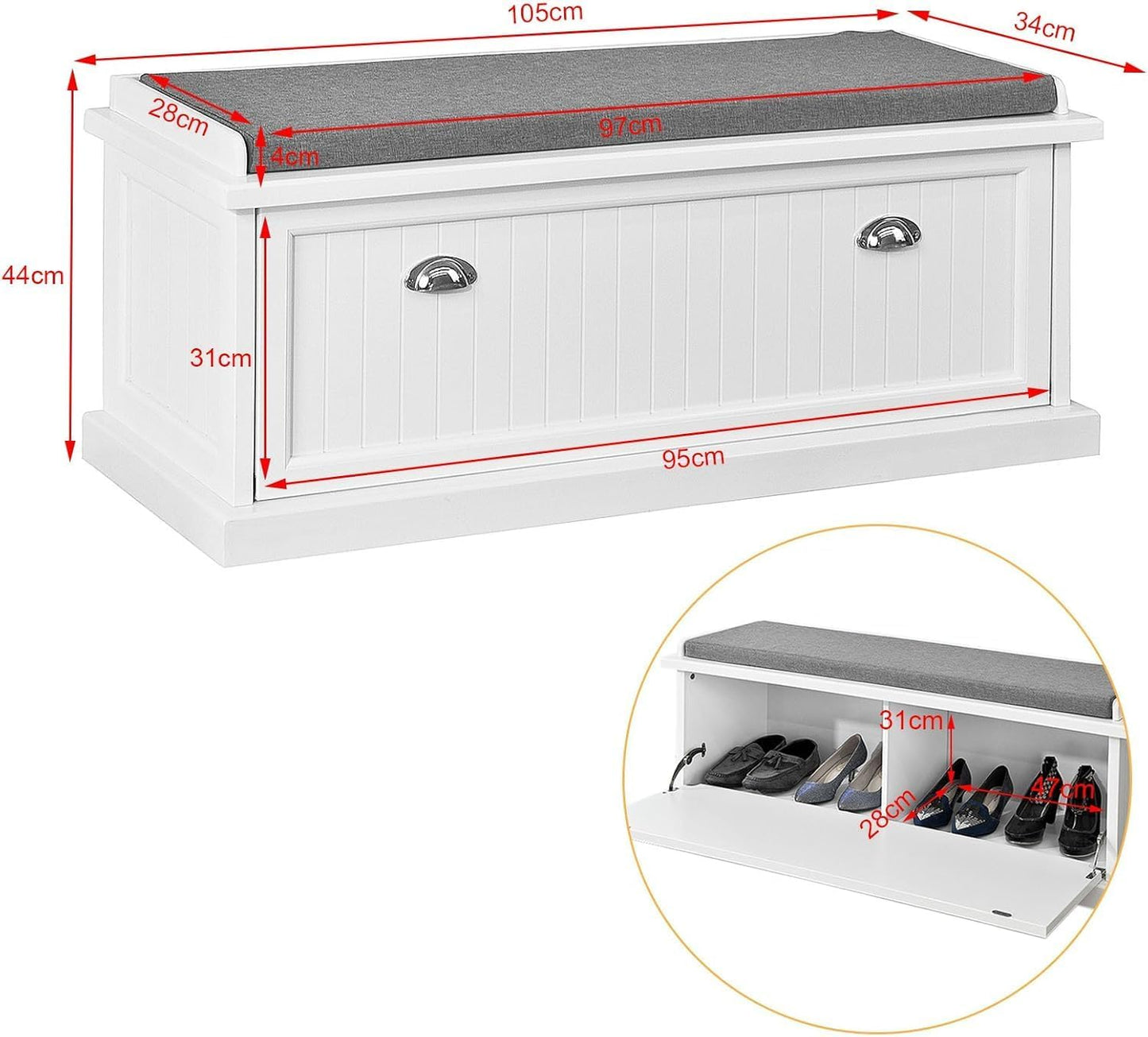 FurniFlex FSR41-W Container Bench with One Large Wardrobe and Cushion, 105 cm Length