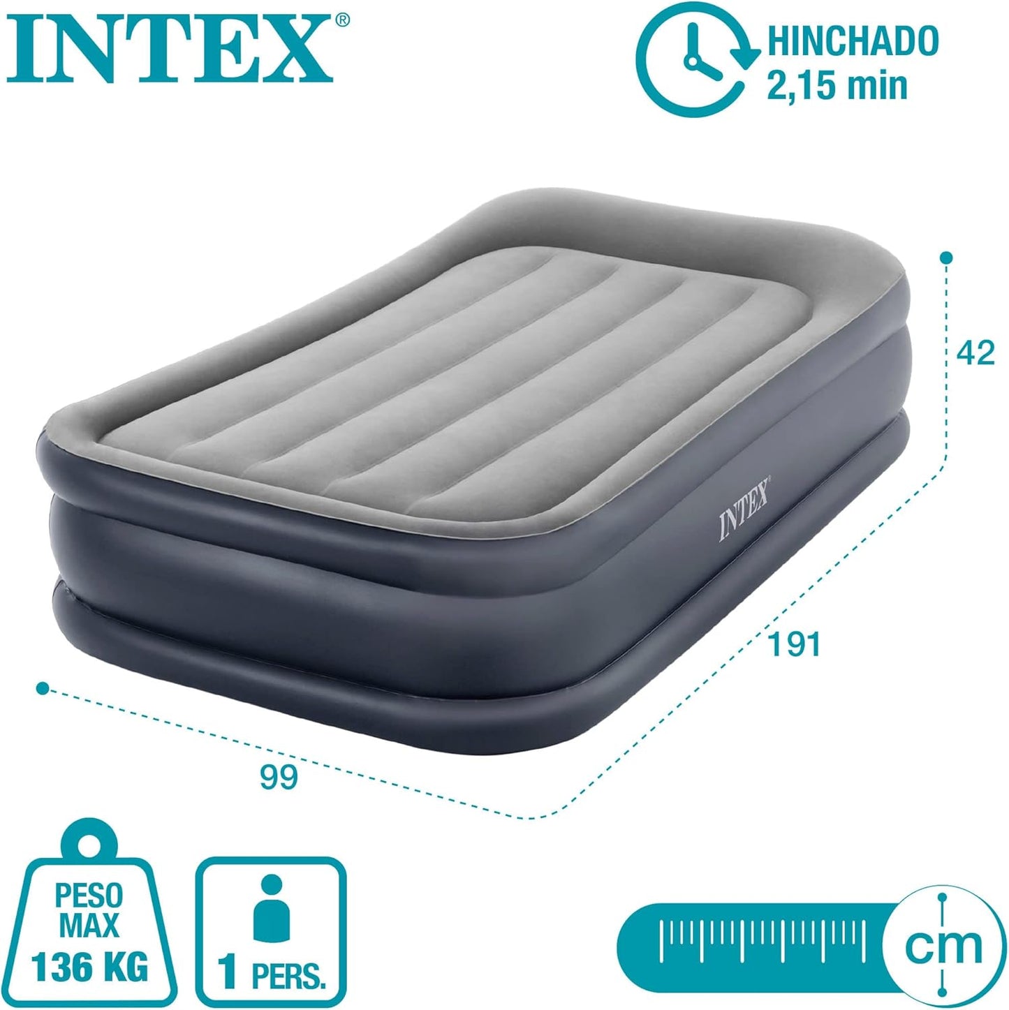 Intex | Dura-Beam Deluxe Double Size inflatable Air Bed | 64132NP | 191 * 99 * 42 cm | Grey